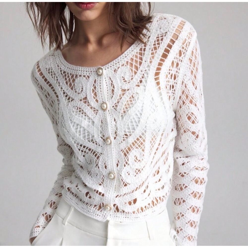 White Crochet Lace Button Front Cardigan Pearl Buttons Long Sleeve Cropped Top